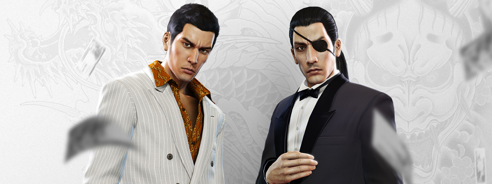Two Yakuza characters in fancy suits stare as money falls around them, with a white and grey dragon tattoo background