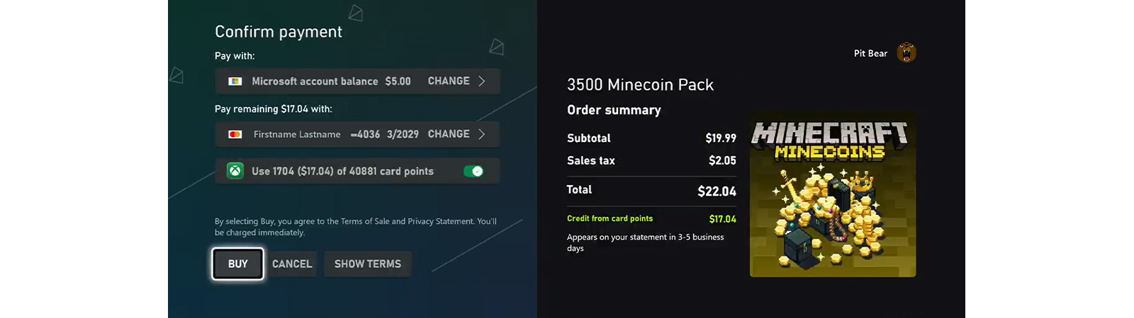 Purchase screen on the Microsoft store showing the option to buy with Xbox Mastercard points