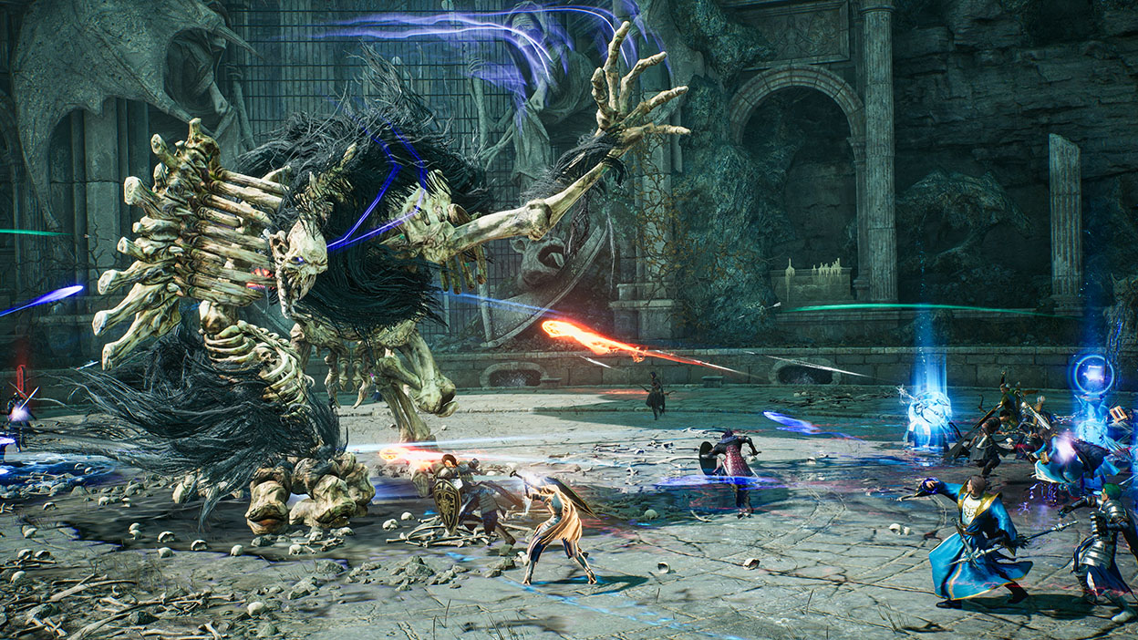 A team of players attacking a large skeleton monster.