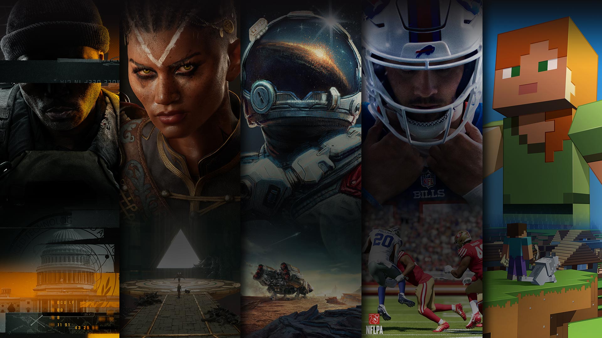 Game art from multiple games available with Xbox Game Pass including Call of Duty - Black Ops 6, Flintlock - The Siege of Dawn, Starfield, Madden NFL 24 and Minecraft