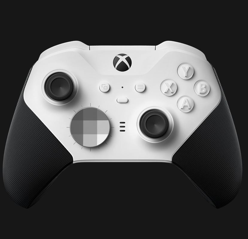 Pohľad spredu na bezdrôtový ovládač Xbox Elite Series 2 – Core (biely)