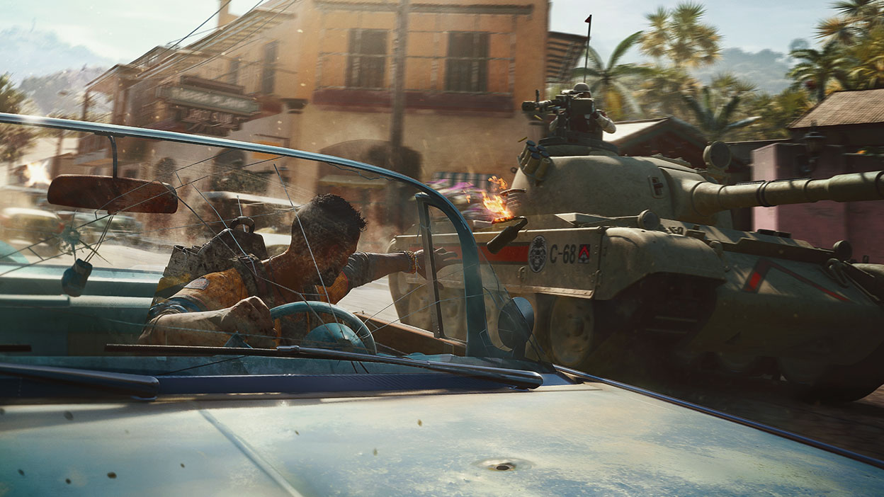 A driver throws an explosive at a tank in Far Cry 6.