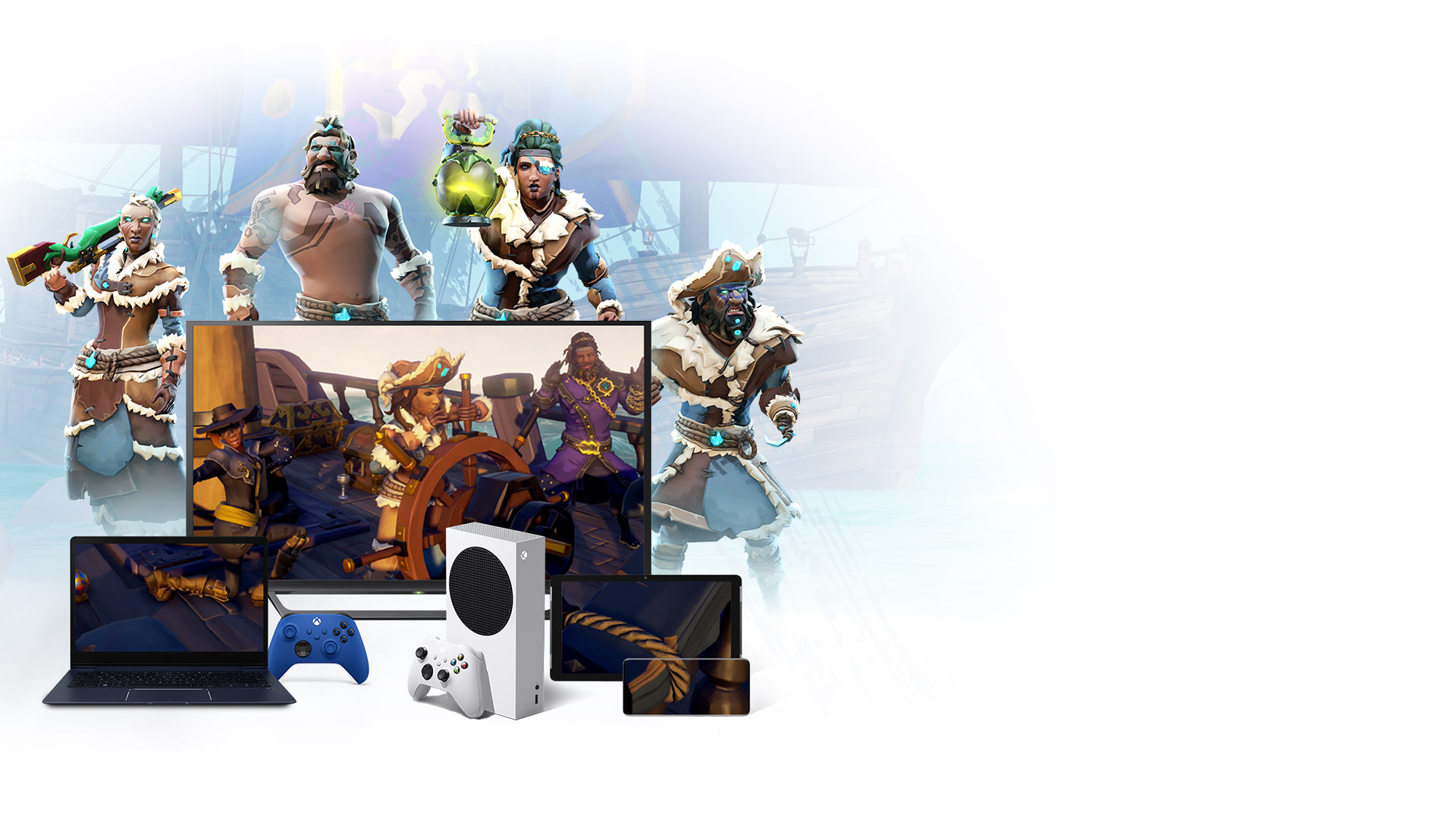 Cloud Gaming, un arrière-plan d’un bateau pirate avec des personnages de Sea of Thieves présents autour d’une console, d’un ordinateur portable, d’une télévision et d’appareils mobiles.