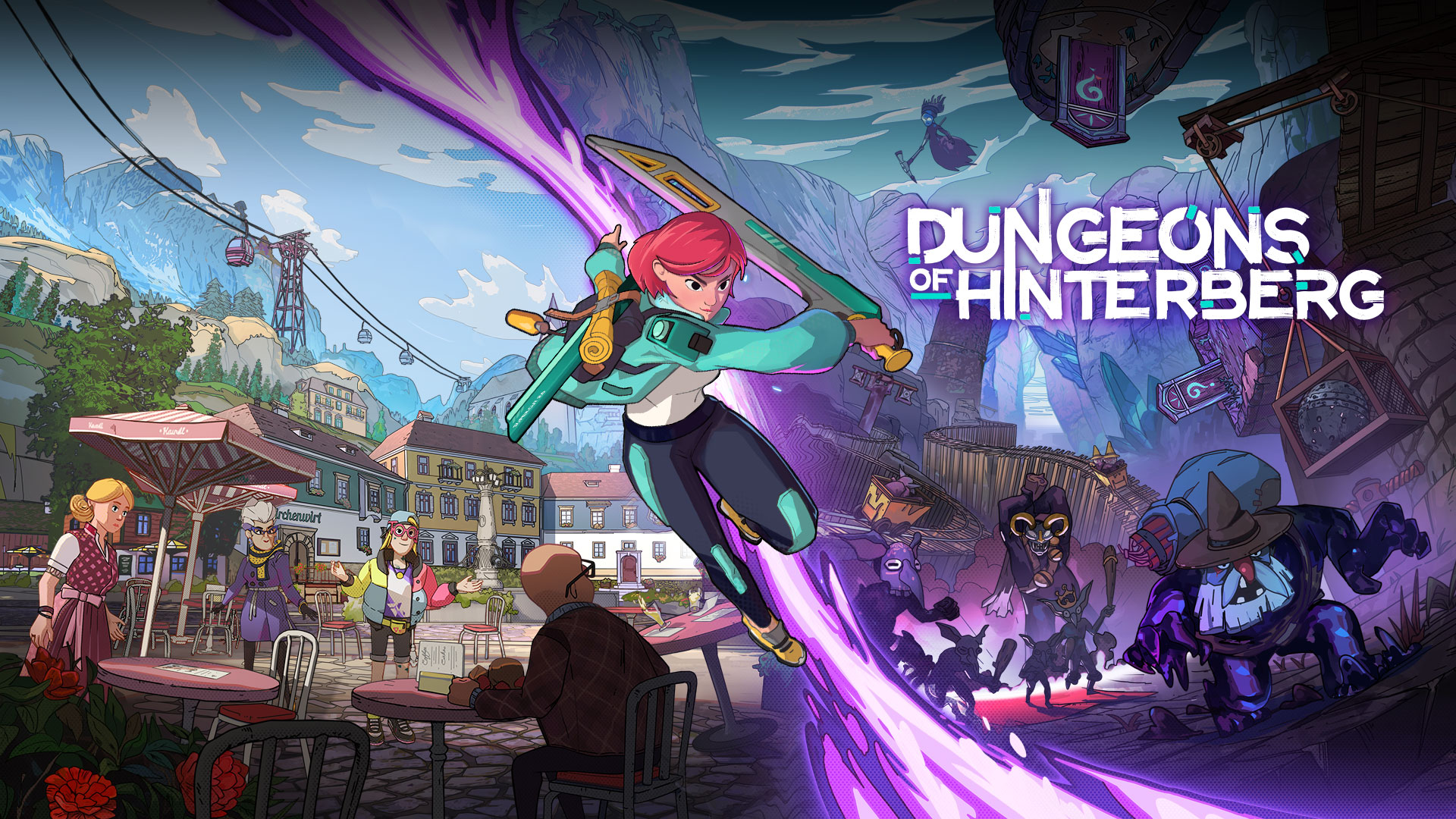Logotipo de Dungeons of Hinterberg, Uma menina balança sua espada no meio de uma fenda entre uma cidade pacífica e uma aldeia escura.