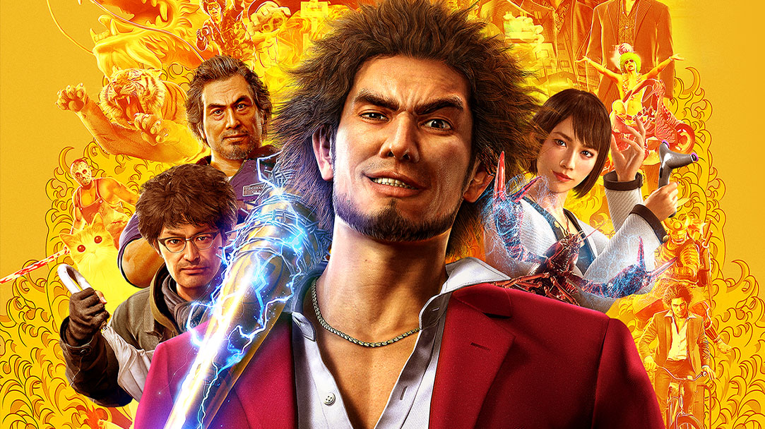 Ichiban egy elektromos ütővel a kezében áll, körülötte a játék karaktereivel.