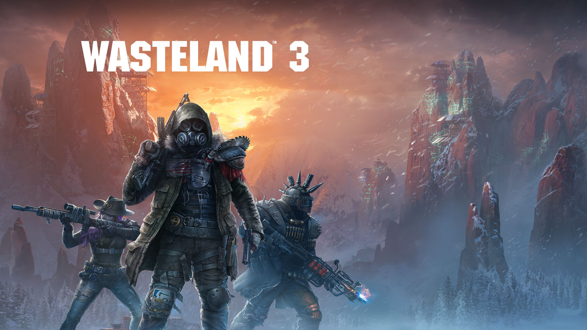Wasteland 3, 3 těžce ozbrojené postavy ve sněhové bouři s plynovými maskami