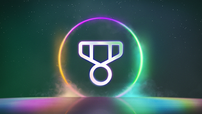 Un'icona a forma di medaglia all'interno di un cerchio luminoso di luci al neon.