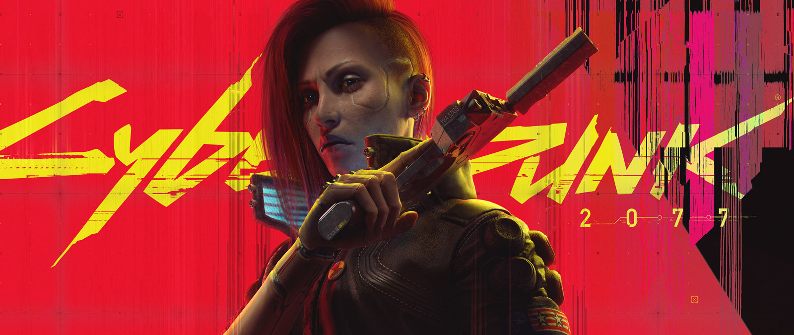 Cyberpunk 2077, en cybernetiskt förändrad karaktär med ett ärr över deras kind höjer sin pistol i avslappnad hot