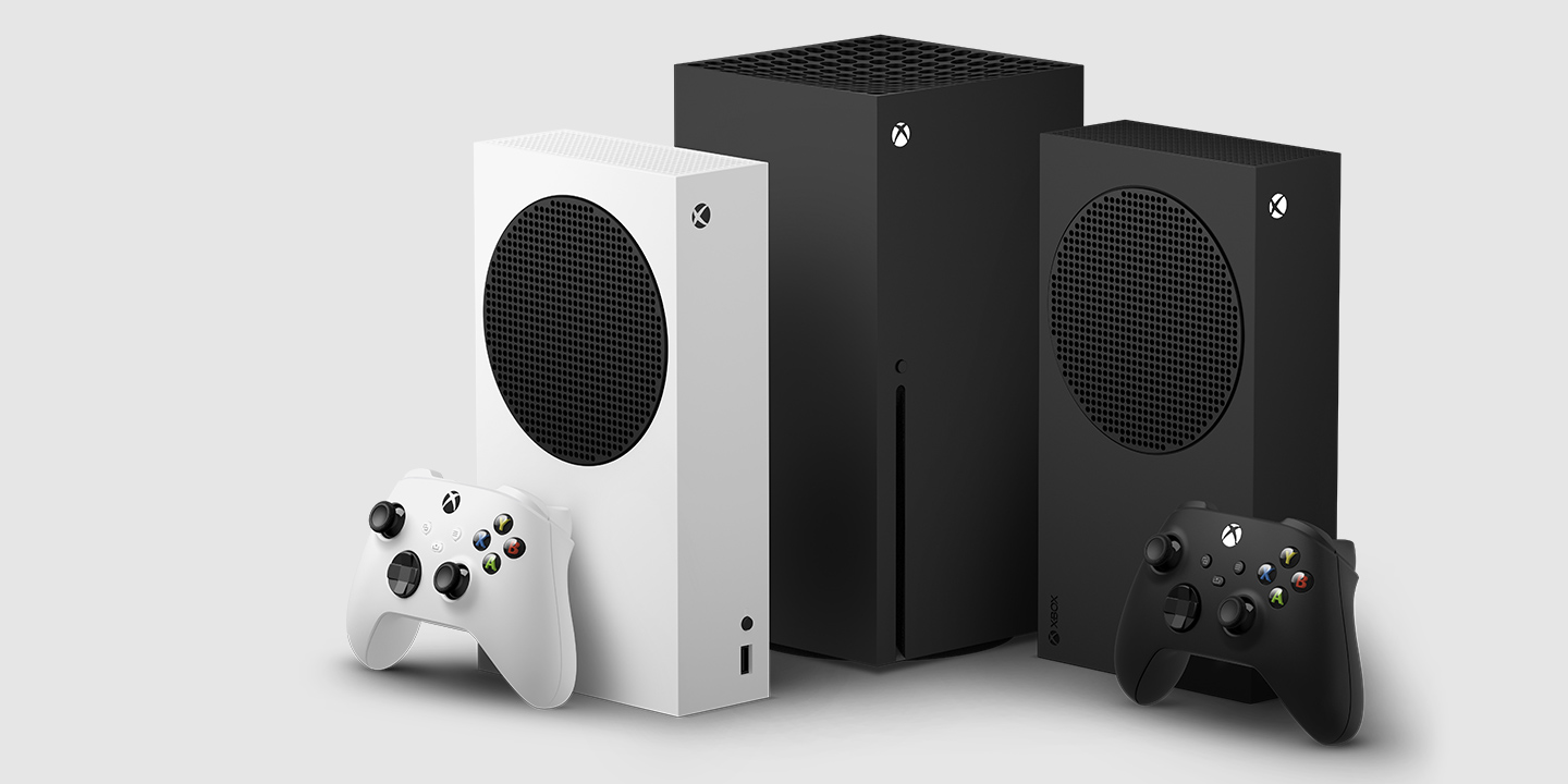 Des consoles Xbox Series X et S sur fond gris et blanc