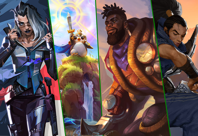 Une palette de personnages de jeux Riot Games, notamment Valorant, Teamfight Tactics, League of Legends et Legends of Runeterra