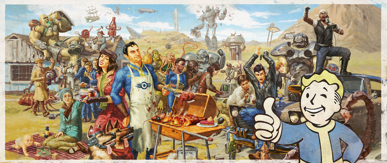 An assortment of characters from the Fallout franchise gather for a wholesome family barbecue.