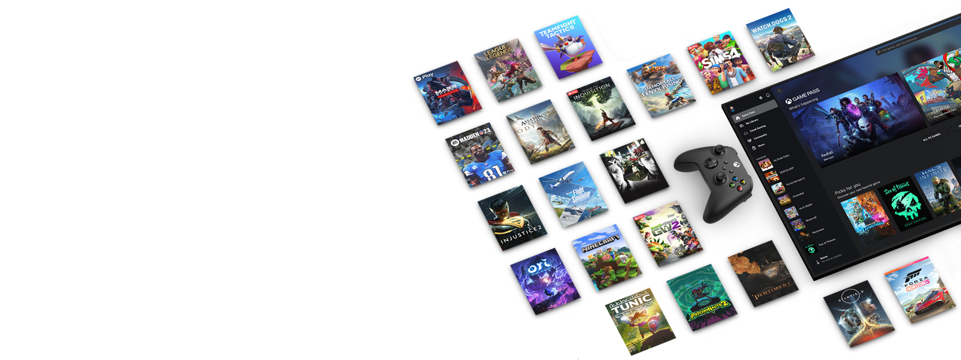 Isometric of Xbox Game Pass games, TV screen, Xbox Series S, Xbox wireless controller, tablet, and mobile phone