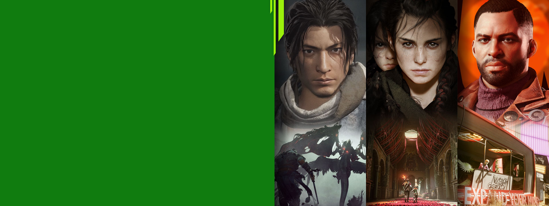 Uma seleção de jogos disponíveis com o Xbox Game Pass, incluindo Wo Long: Fallen Dynasty, Prague Tale: Requiem e Deathloop