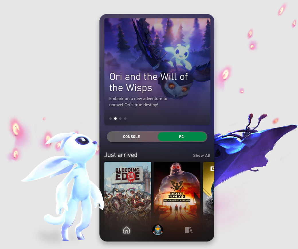 Die Benutzeroberfläche der Xbox Game Pass Mobile-App zeigt Ori and the Will of the Wisps neben anderen Katalogtiteln
