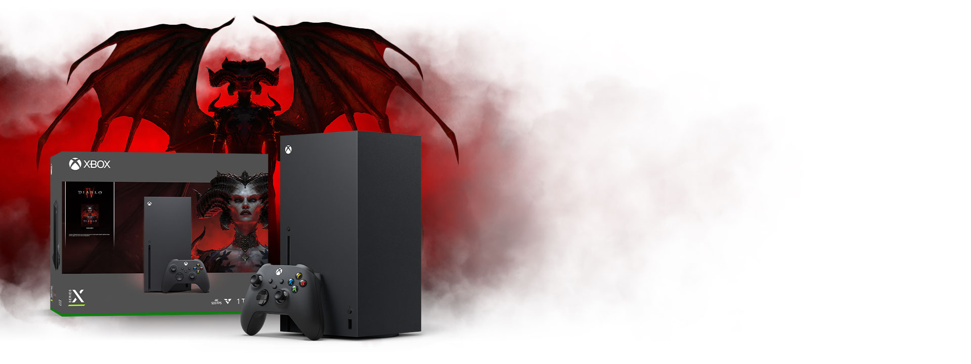 Lilith posa detrás de un pack Xbox Series X Diablo IV.