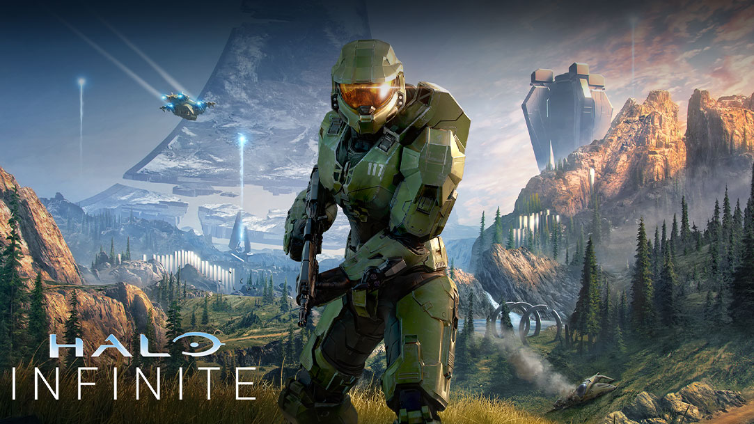 Halo Infinite, анимация: Мастер Чиф смотрит на простирающуюся перед ним зеленую долину, позади него сломанный ореол Halo
