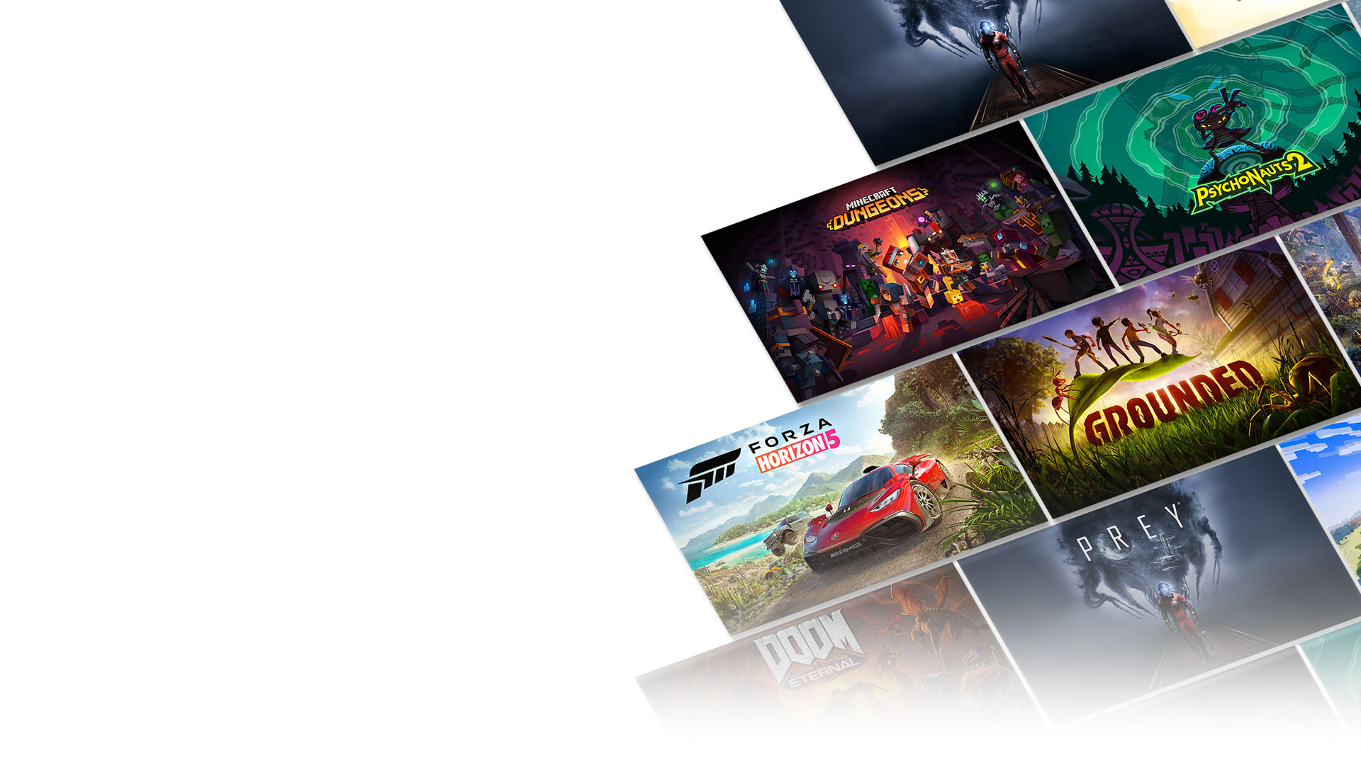 Game art from multiple games available now with Xbox Game Pass including Forza Horizon 5, Minecraft Dungeons, Psychonauts 2, and Grounded