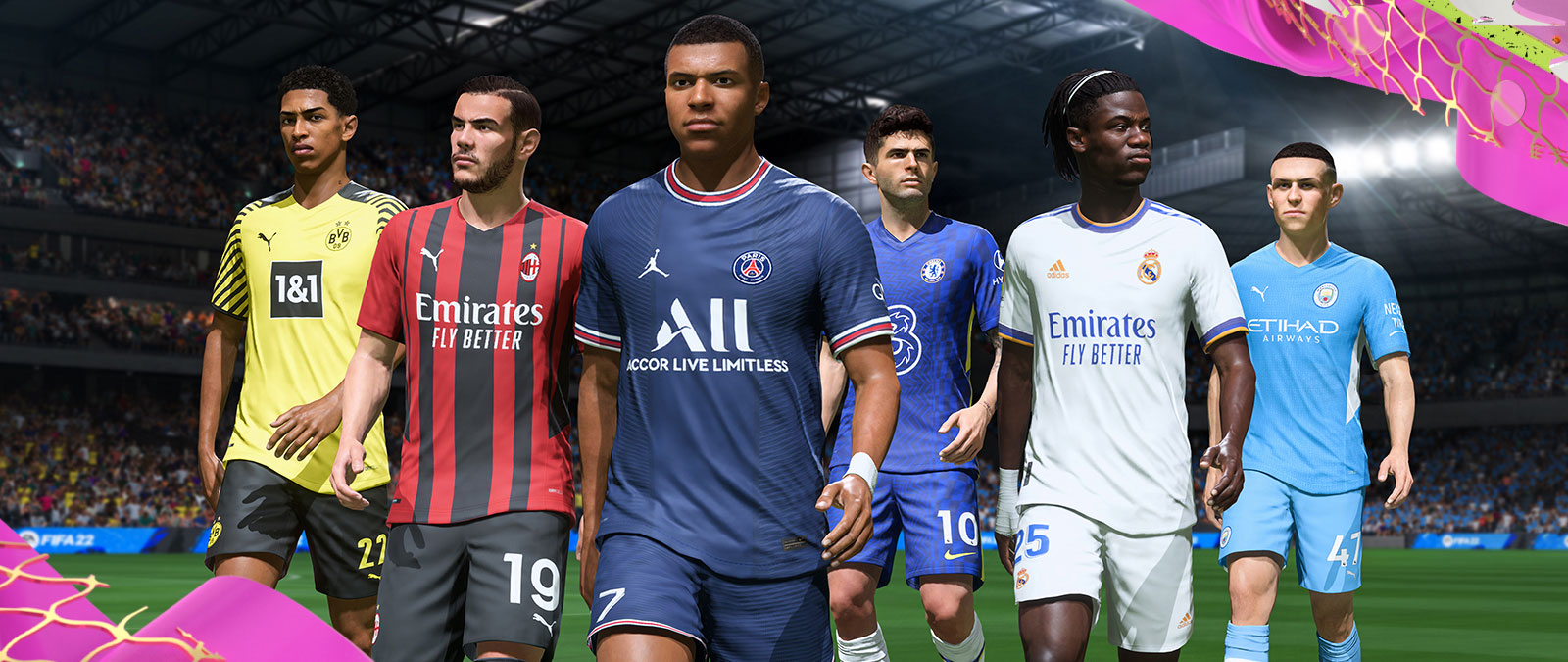 Sechs FIFA-Spieler laufen in Trikots von verschiedenen Teams durch ein Stadion.