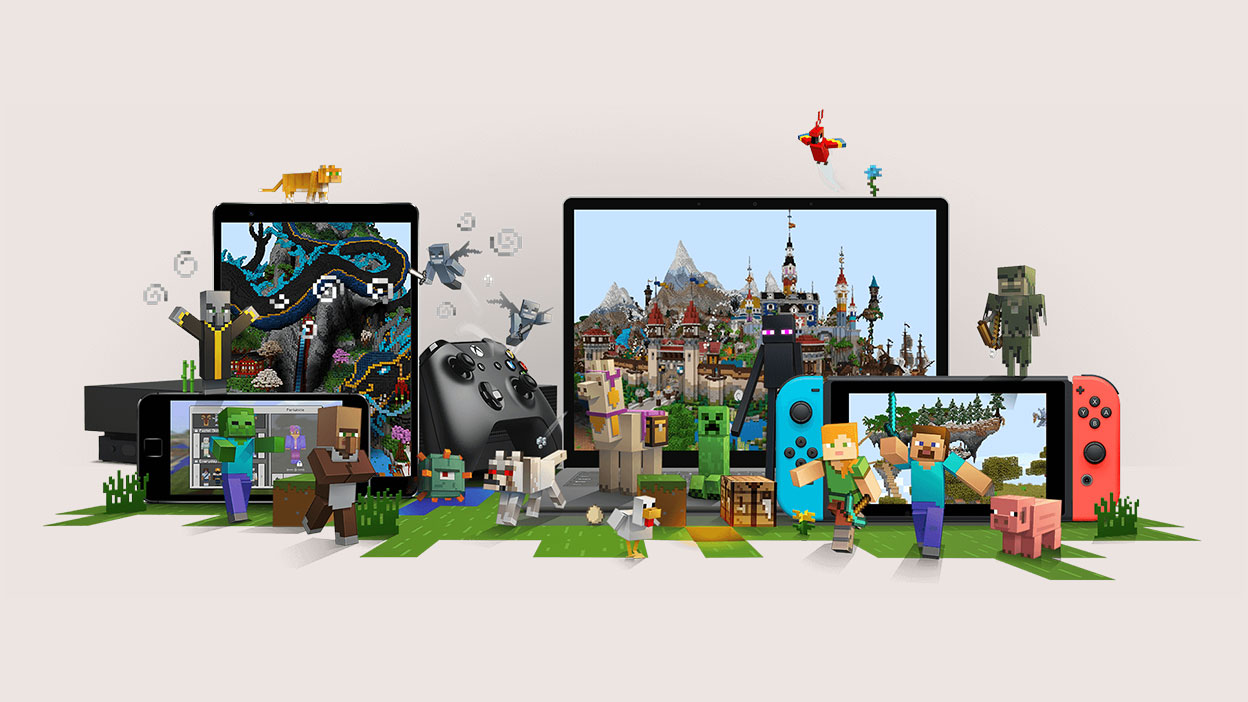Různí mobové ze hry Minecraft se shromažďují kolem konzolí, tabletů a telefonů, na kterých je spuštěna hra Minecraft.