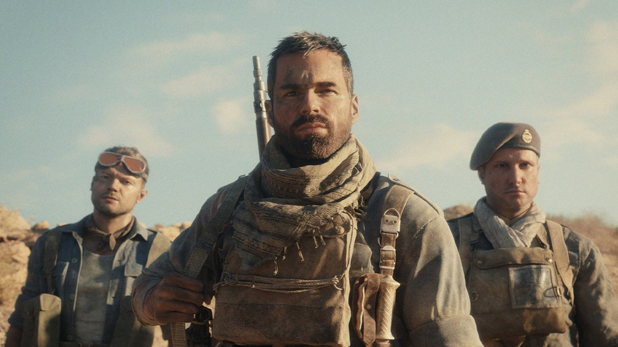 Three characters posing in a desert