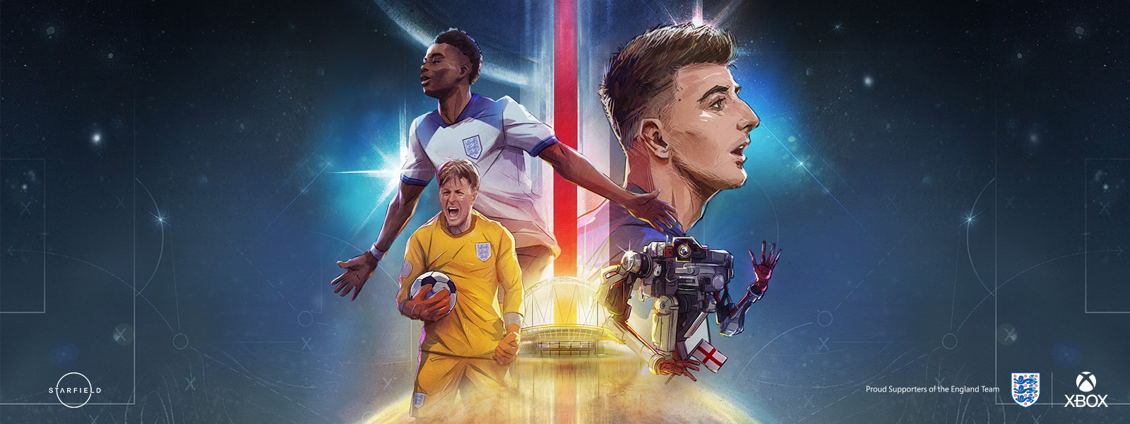 The Starfield key visual, with the characters replaced as illustrated football players (along with a robot holding England's flag). The FA and Xbox logos can be seen on the bottom right of the image, and the Starfield logo, on the bottom left