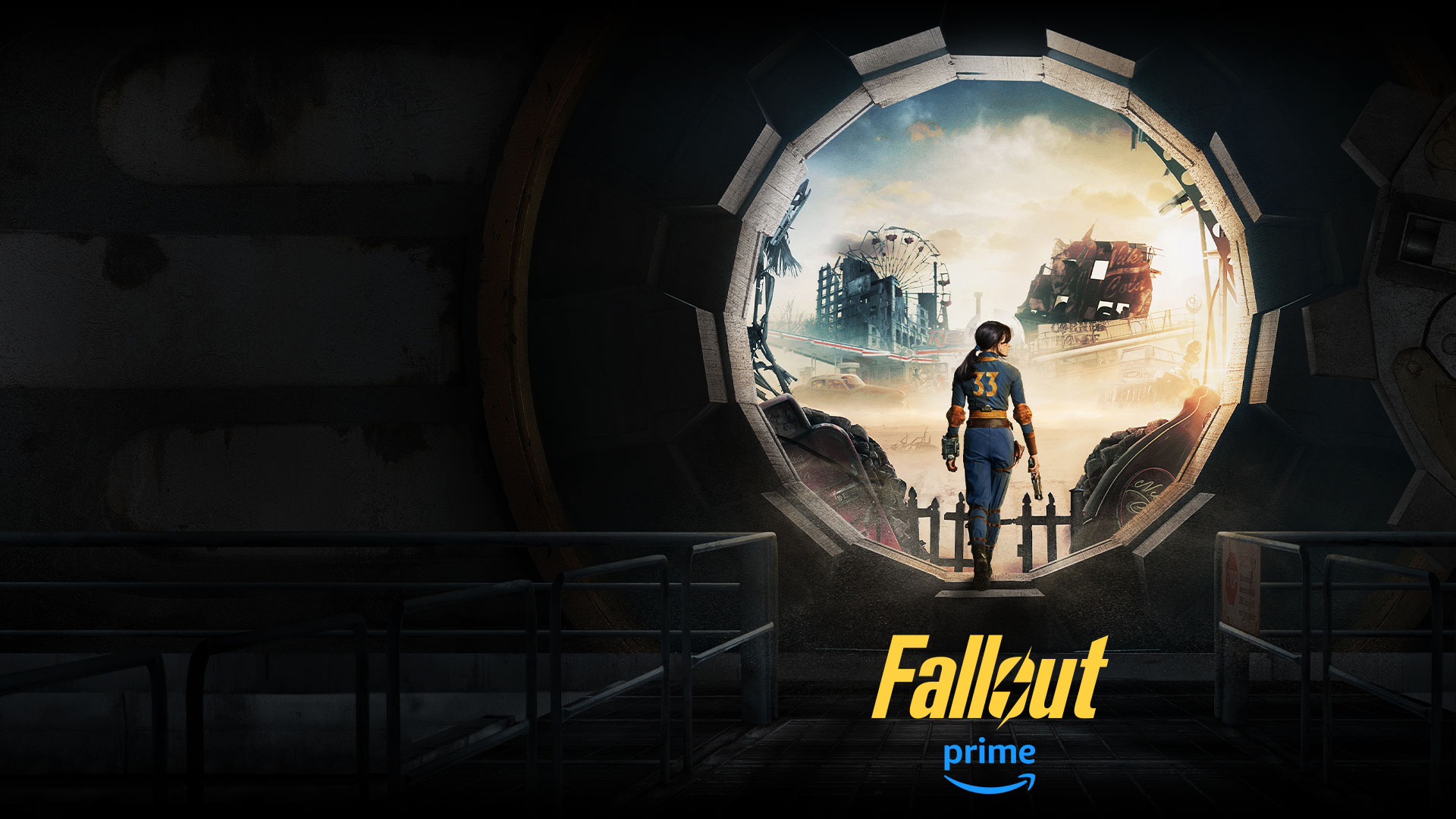 Fallout, Amazon Prime, Lucy wychodzi z krypty na świat zewnętrzny, wypełniony rozpadającymi się budynkami.