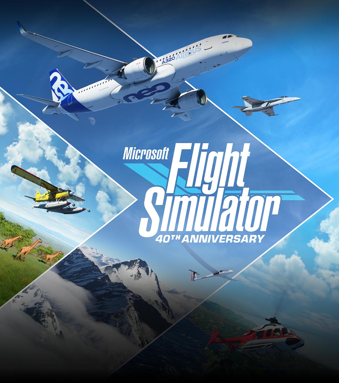 Logotipo do Microsoft Flight Simulator 40th Anniversary, aviões e cenas de diferentes partes do mundo