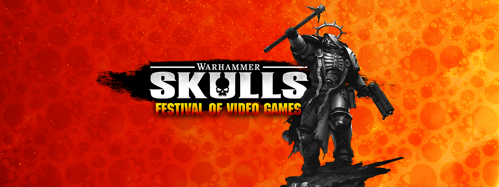 Warhammer Skulls Festival of Video Games, a Warhammer character raising their weapon in front of a red background covered with skulls.