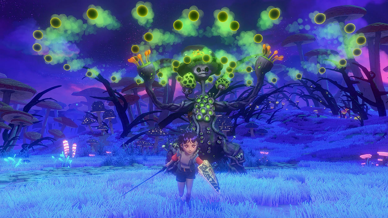 Ravenlok corre, alejándose de un árbol con bolas de gas tóxico