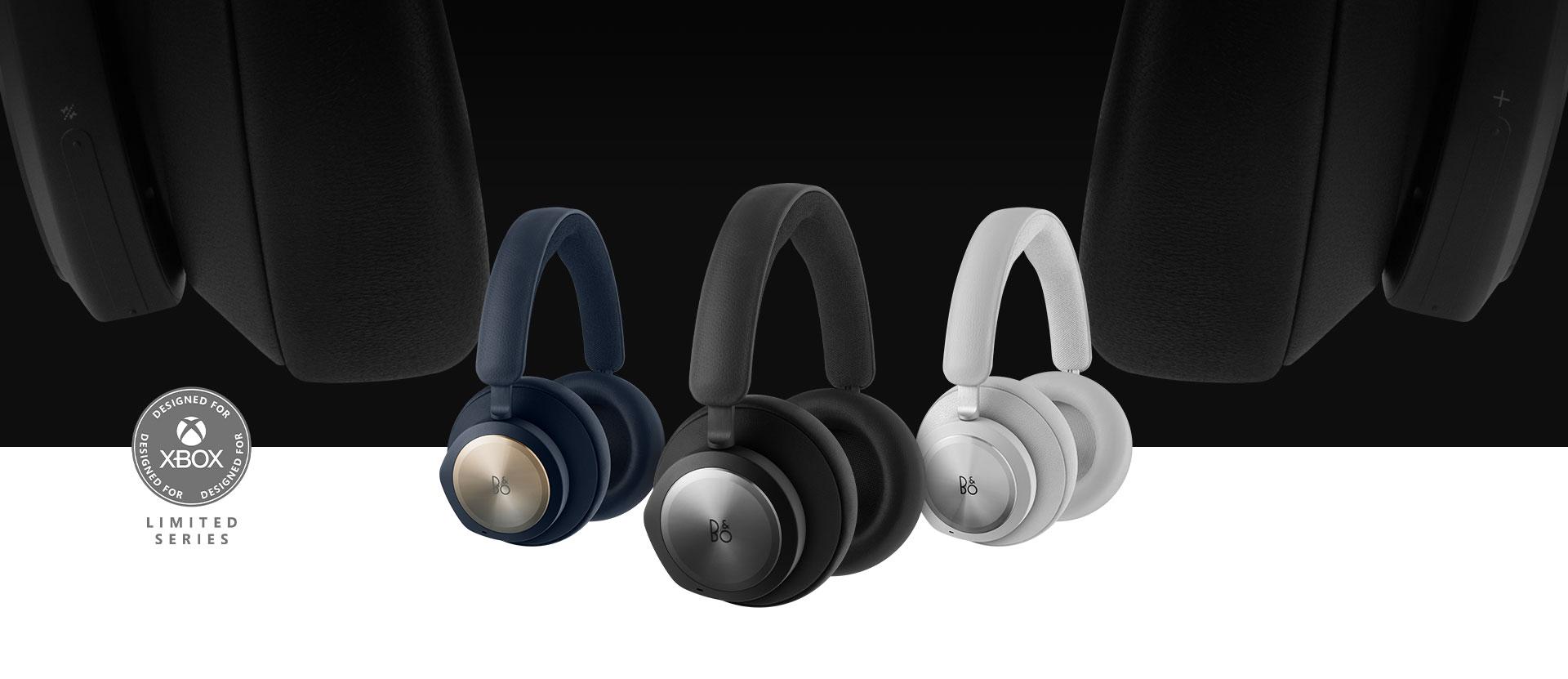 Designed for Xbox badge, Limited Series, Bang and Olufsen black headset in front with the grey and navy headset beside it