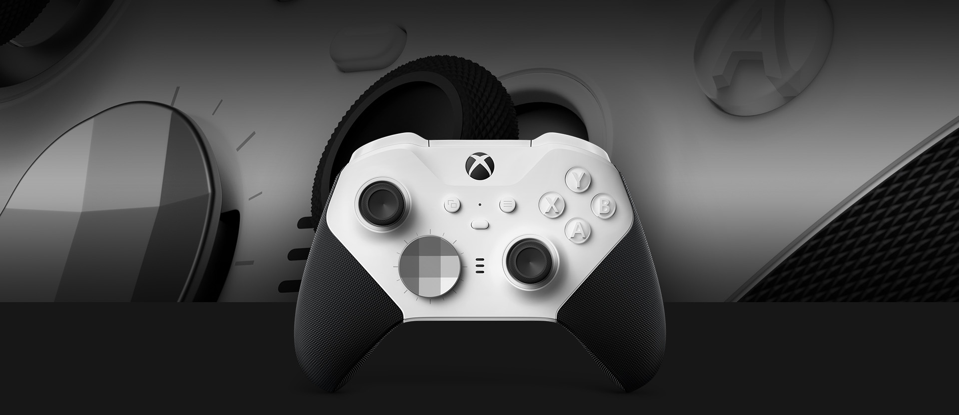 Front view of the Xbox Elite Wireless Controller Series 2 – Core (White) with a close up of the controller in the background