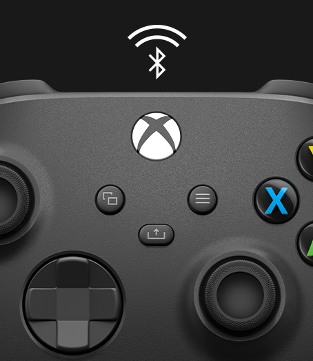 Közeli kép a kontroller elülső részéről fölötte Bluetooth-szimbólummal