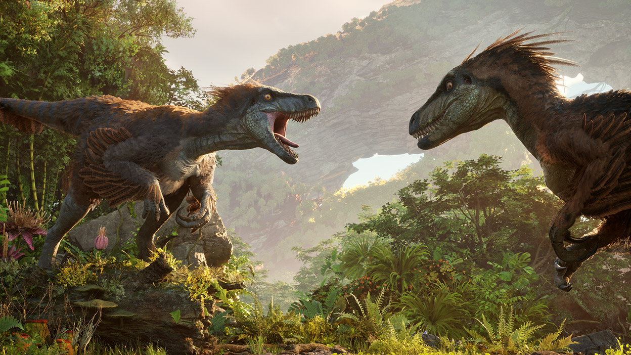 Een kleine gevederde dinosaurus krijst defensief naar een dinosaurus van dezelfde soort.