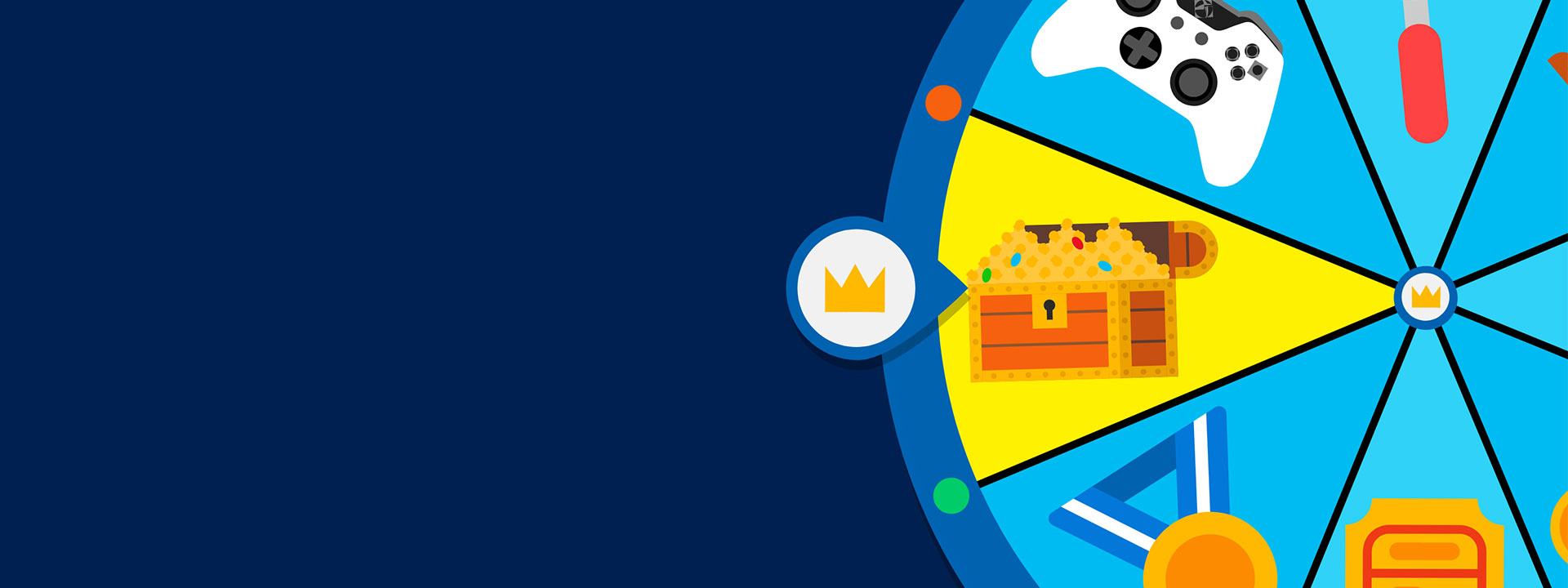 Une roue de la fortune montrant divers objets tels qu’une manette Xbox, un coffre au trésor plein d’or et une médaille d’or