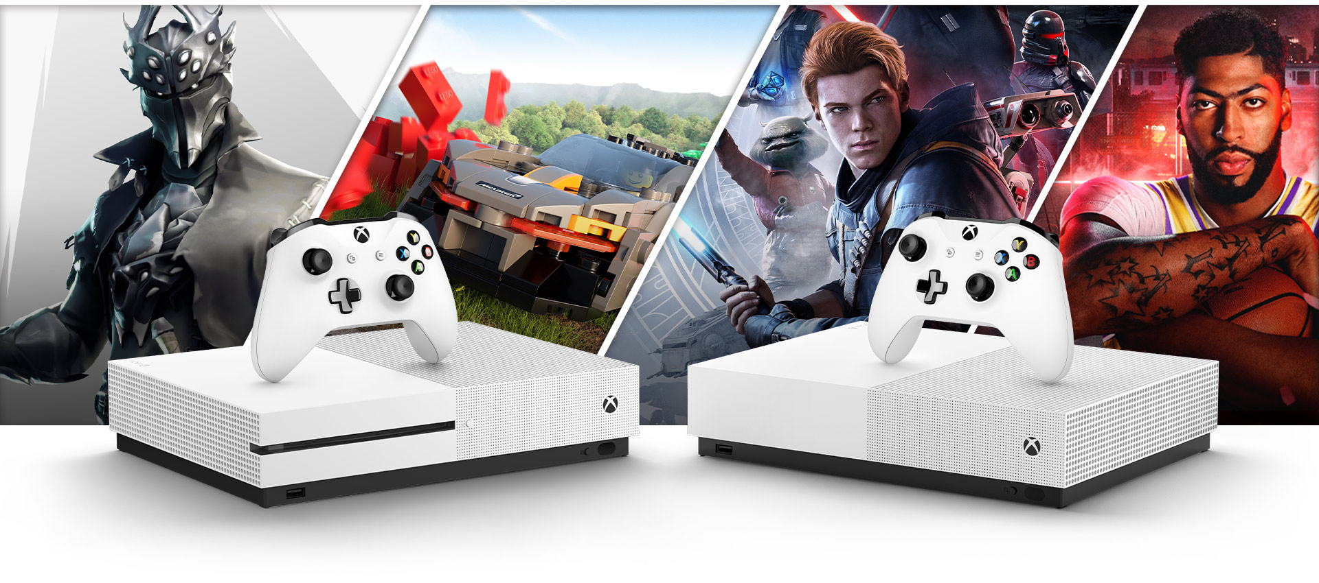 Fortnite, Forza Horizon 4, Star Wars Jedi Fallen en NBA 2K20-afbeeldingen achter een Xbox One S en Xbox One S All Digital Edition