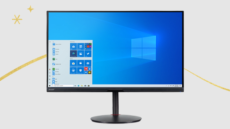 A gaming monitor showing a Microsoft Windows logo and background.