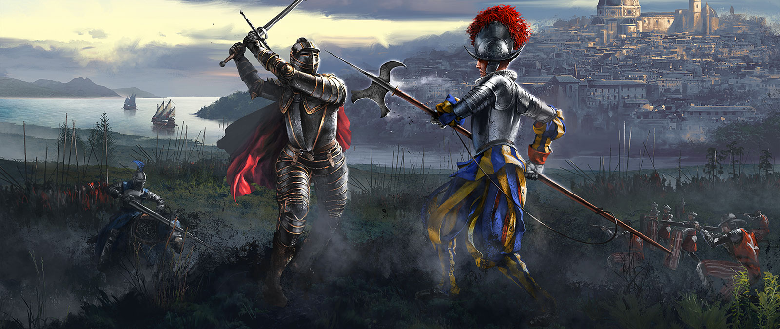 Twee ridders strijden terwijl hun legers zich opmaken om te vechten.