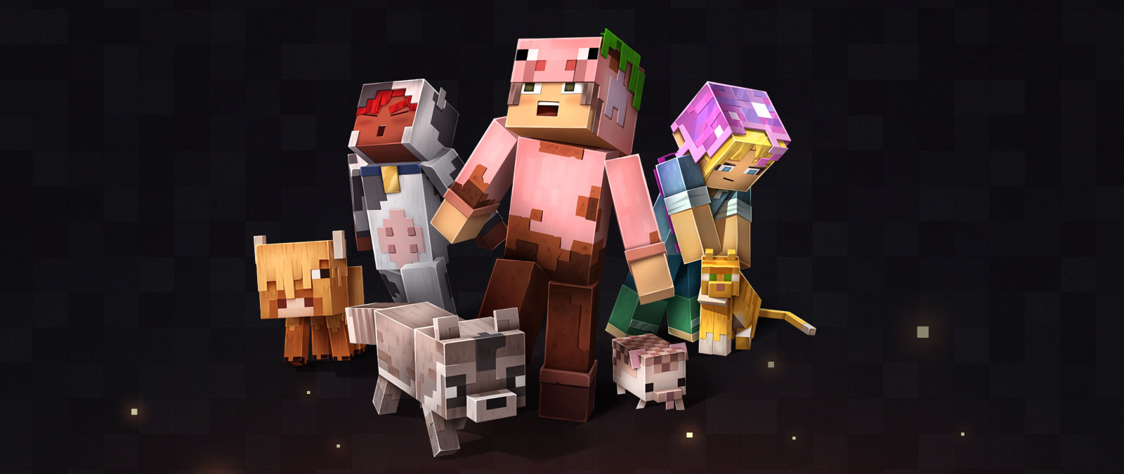 Minecraft-personages en -dieren in verschillende skins en een personage dat zich bukt om een kat te aaien.