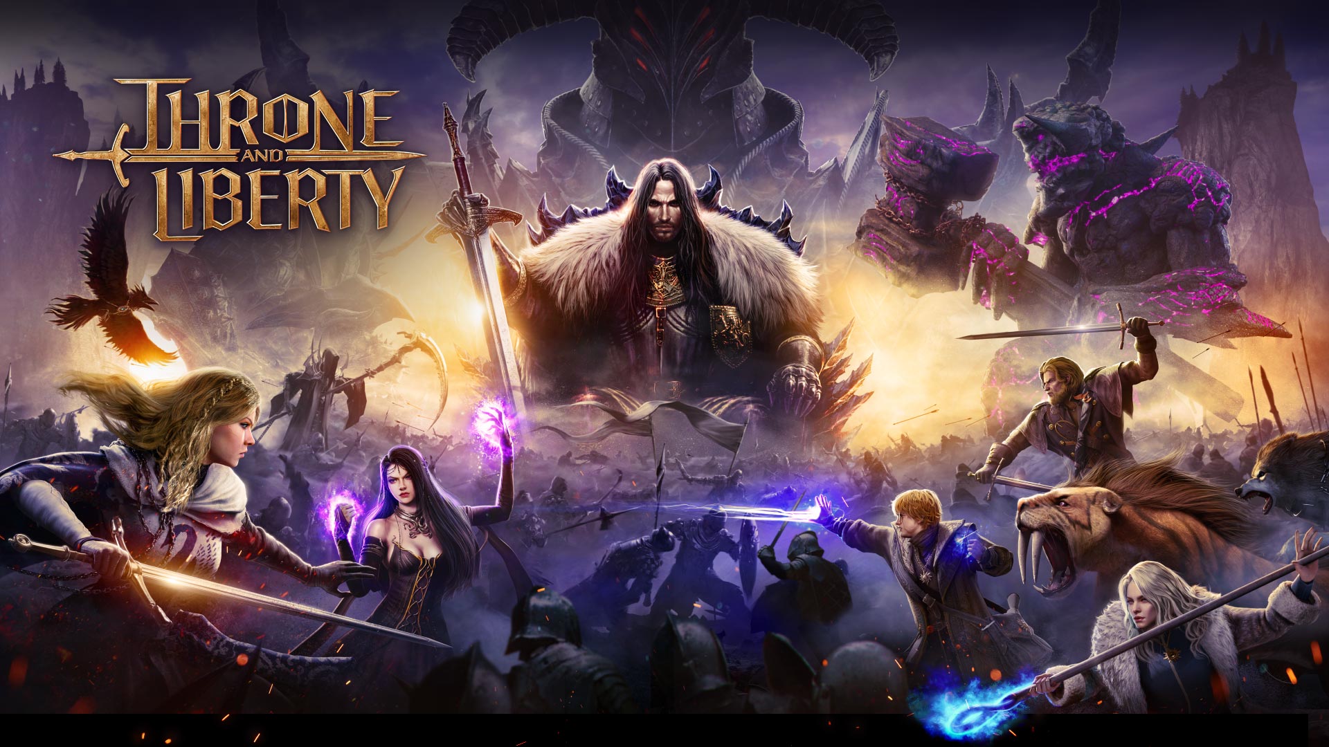 Throne and Liberty logo, A character sitting on a throne behind a battlefield filled with mages and soldiers fighting.