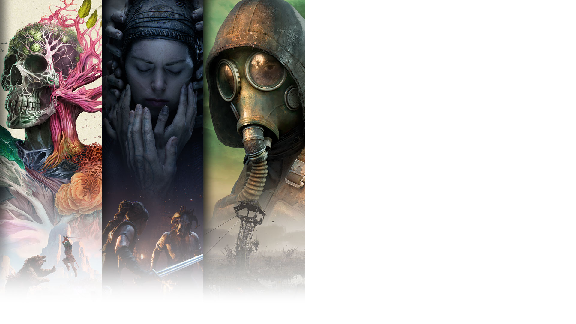 Game-Art aus drei Titeln, die am ersten Tag in Game Pass erscheinen, darunter Avowed, Senua's Saga: Hellblade II und Stalker 2: Heart of Chornobyl.