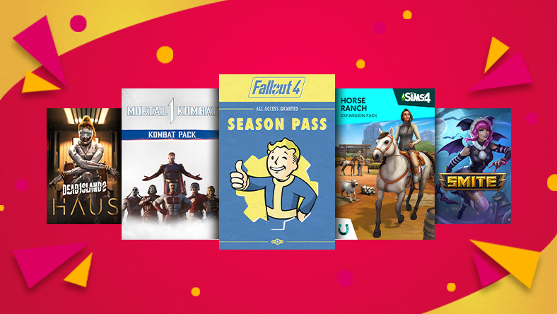 Box art from games included in the Add-On Sale, including Fallout 4 Season Pass, Mortal Kombat 1 Kombat Pack, and SIMS 4 Horse Ranch Expansion Pack.
