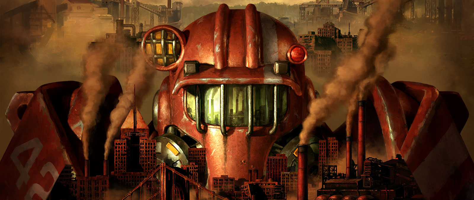 En figur i Power Armor ruver høyt over den forurensningsfylte skylinen til Pitt.