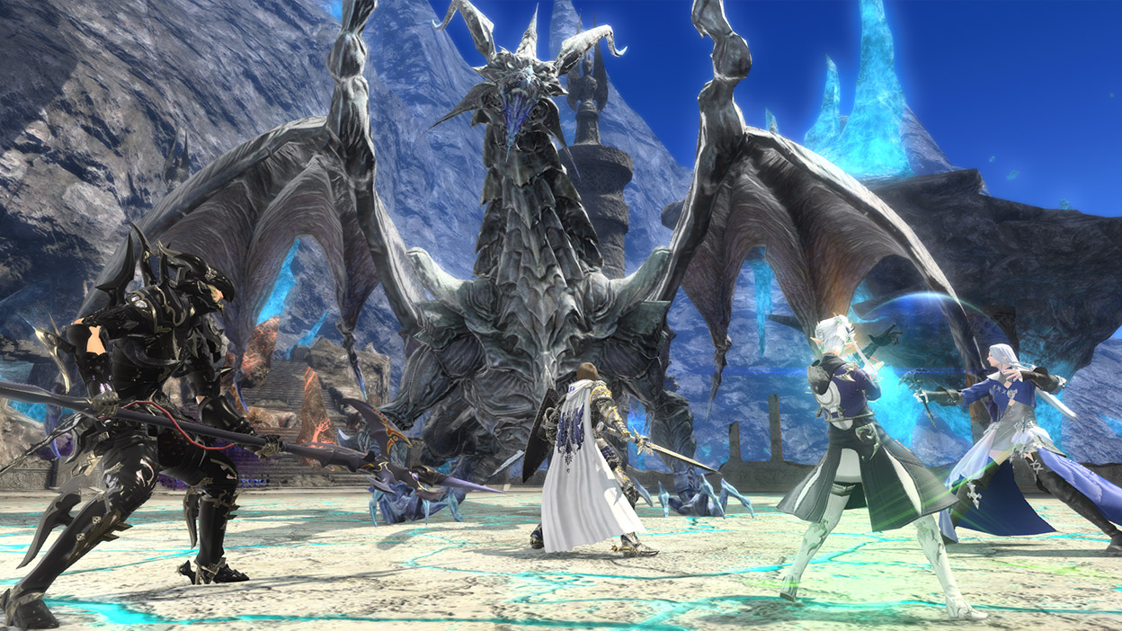 Un groupe de quatre personnages se préparant à combattre un grand dragon.