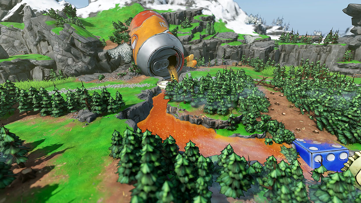 In einer bewaldeten Fantasielandschaft staut ein sechseckiger Würfel einen Limonadenfluss auf, der aus einer riesigen Aluminiumdose fließt