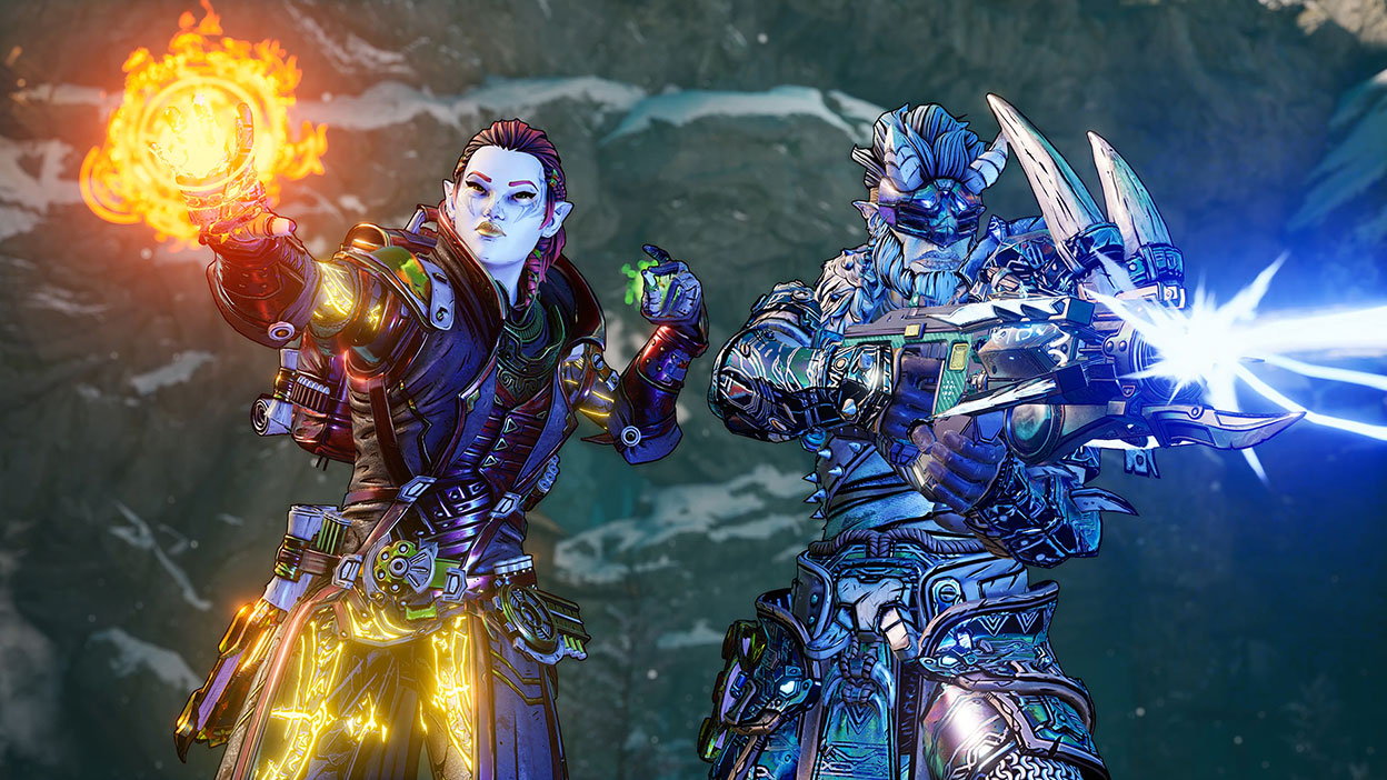 A female adventurer prepares a fiery spell next to her bearded companion firing a blue-hued blast from their spike adorned rifle