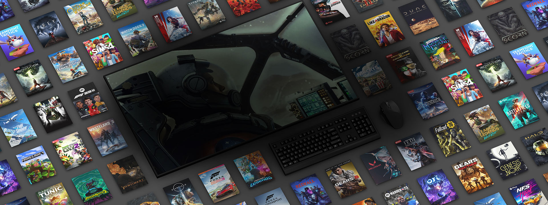 Dobozok képe egy PC-monitor körül, amelyen a Starfield egyik jelenete látható