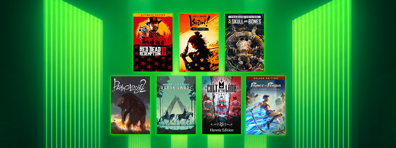 Box art of games included in the Publisher Spotlight Series Sale, including Red Dead Redemption II - Ultimate Edition, Like a Dragon: Ishin! - Deluxe Edition, and Skull and Bones - Premium Edition.