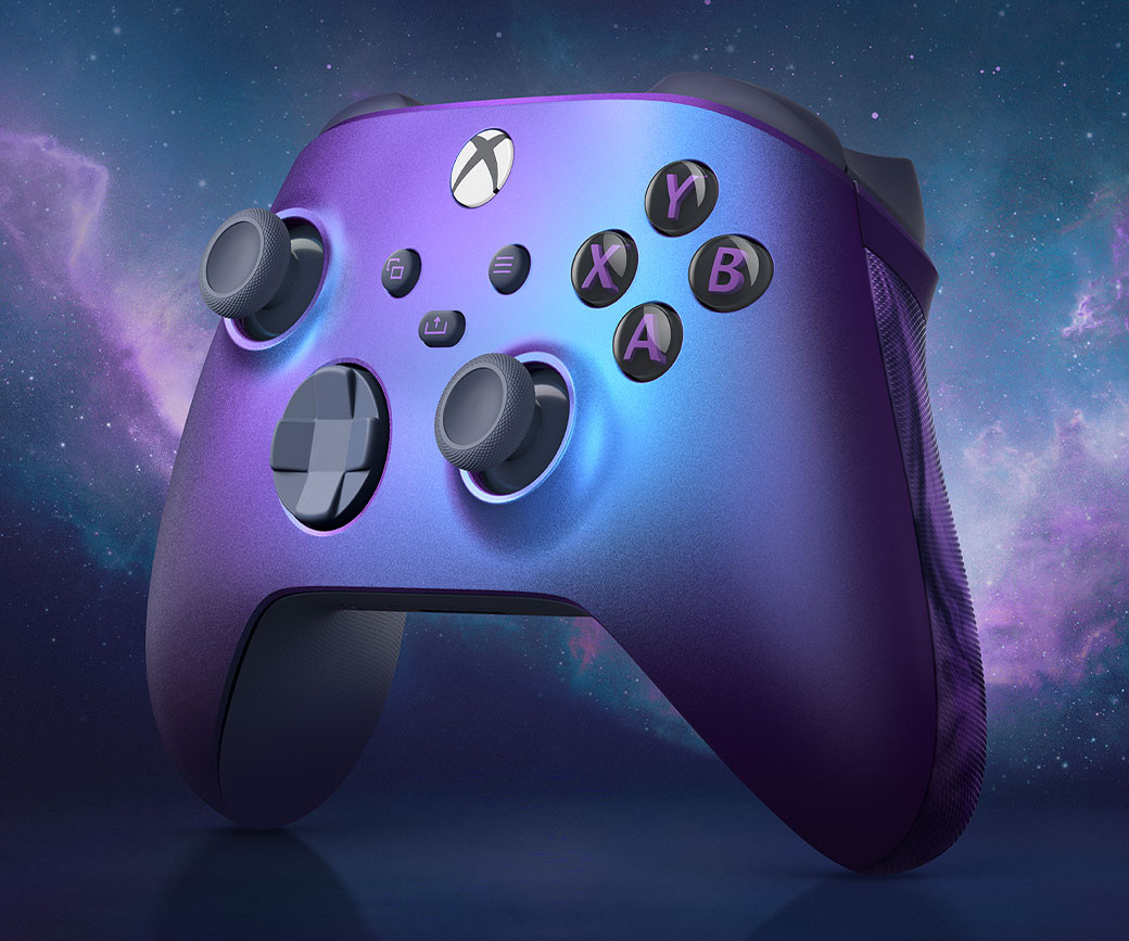 Rechteraanzicht van Xbox draadloze controller – Stellar Shift Special Edition op een paarse achtergrond met sterren.