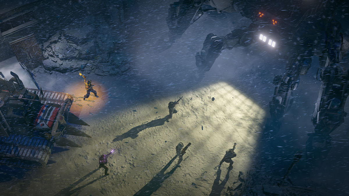 Wasteland 3, eine Schlacht bei starkem Schneefall.