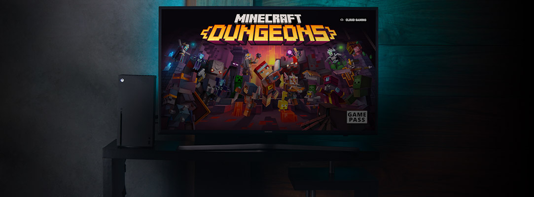 Minecraft Dungeons, der streames fra clouden på en Xbox Series X.